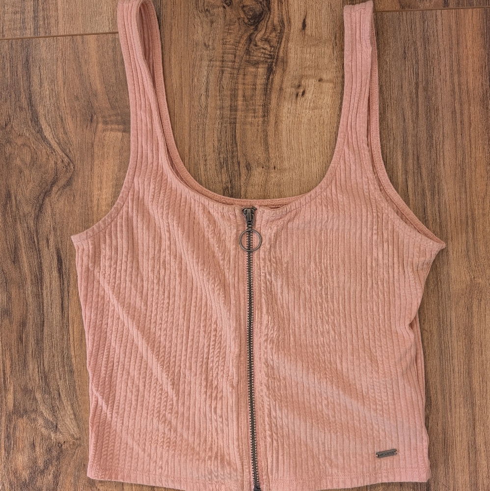 Hollister Pink Ribbed Crop Zip Up Tank Top